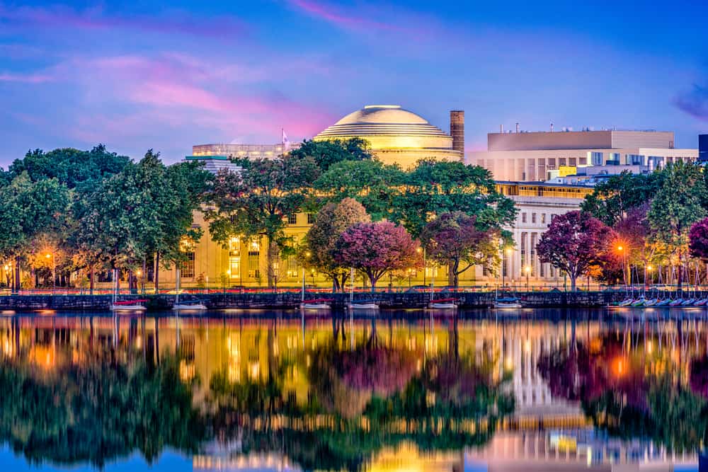 Evening view of MIT from across the Charles River in Boston, MA