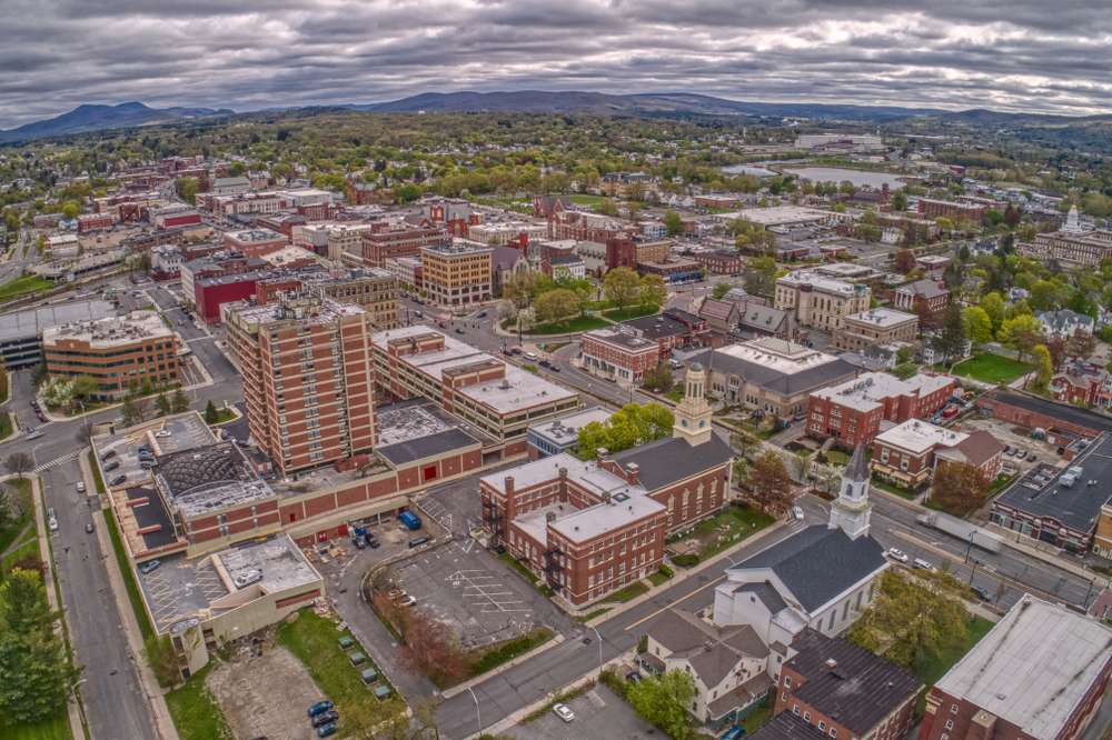 Aerial View Of Downtown Pittsfield Massachusetts On A Cloudy Spring day