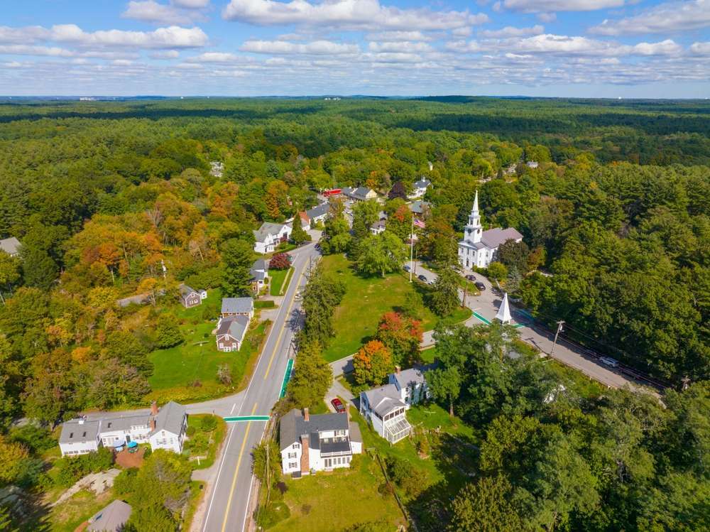 downtown neighborhood of carlisle ma shot from above