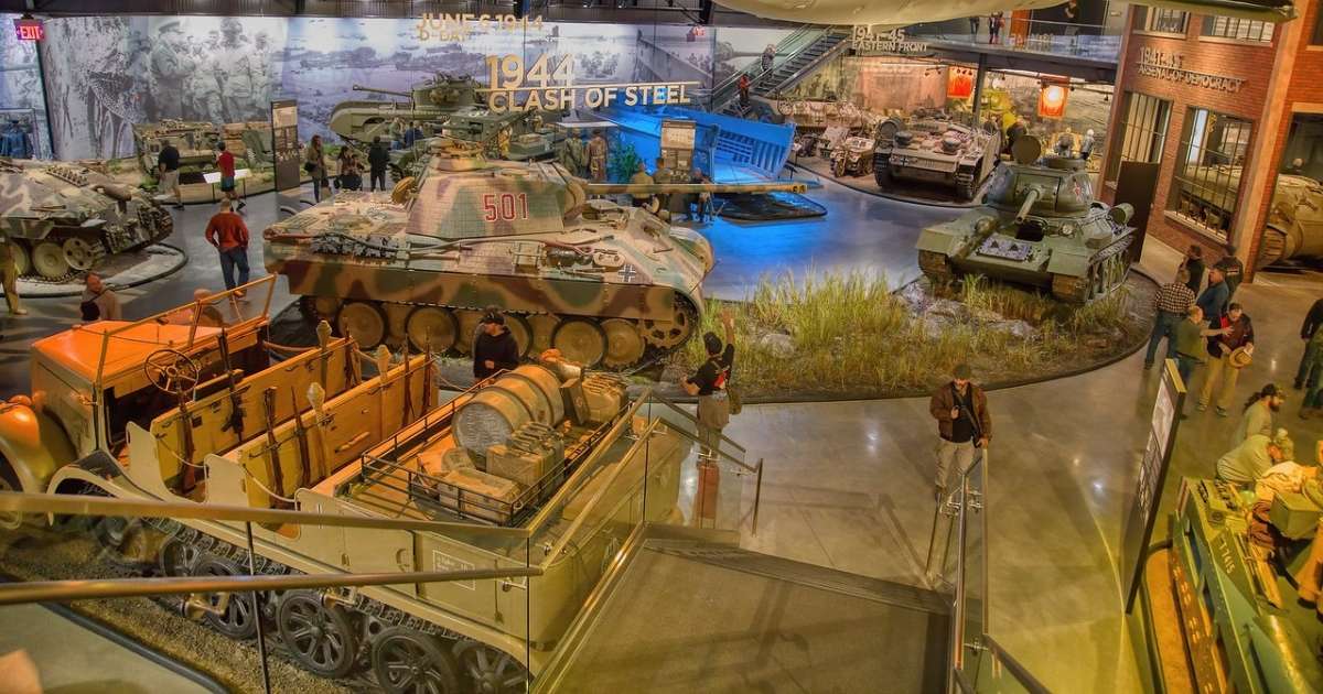 The interior of American Heritage Museum, with exhibits on tanks and World War II
