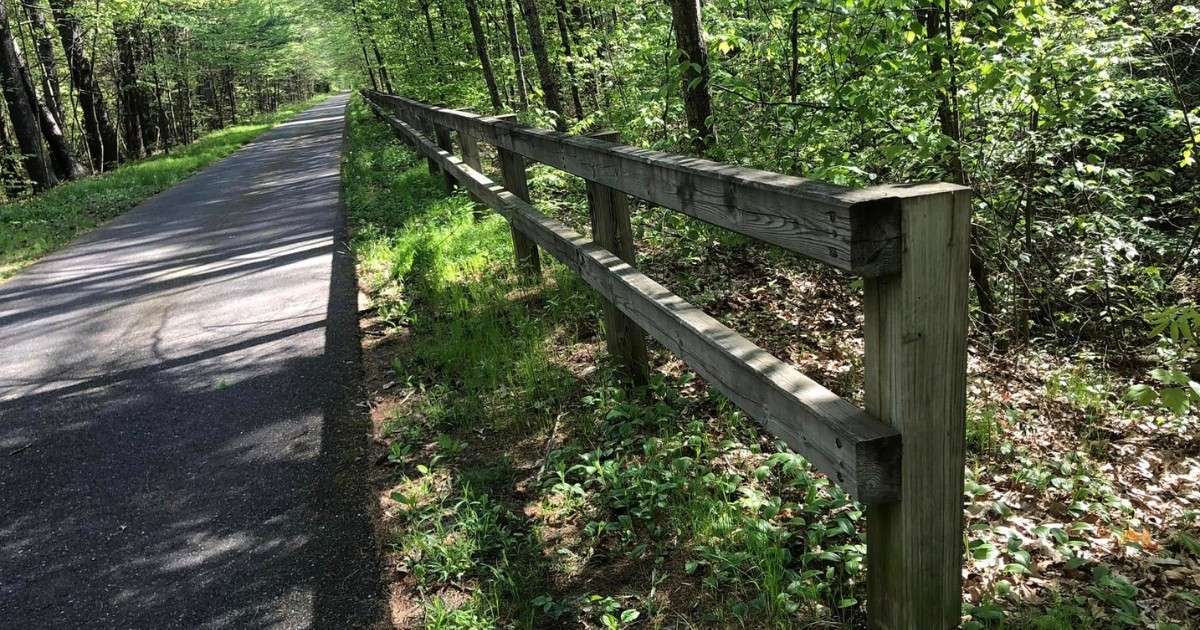 A wooden railing along the Nashua River Rail Trade near Pepperell