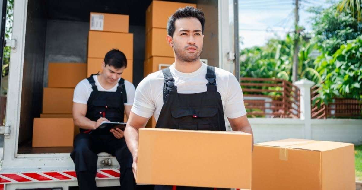 Two movers from a Holden MA moving company carrying cardboard boxes 
