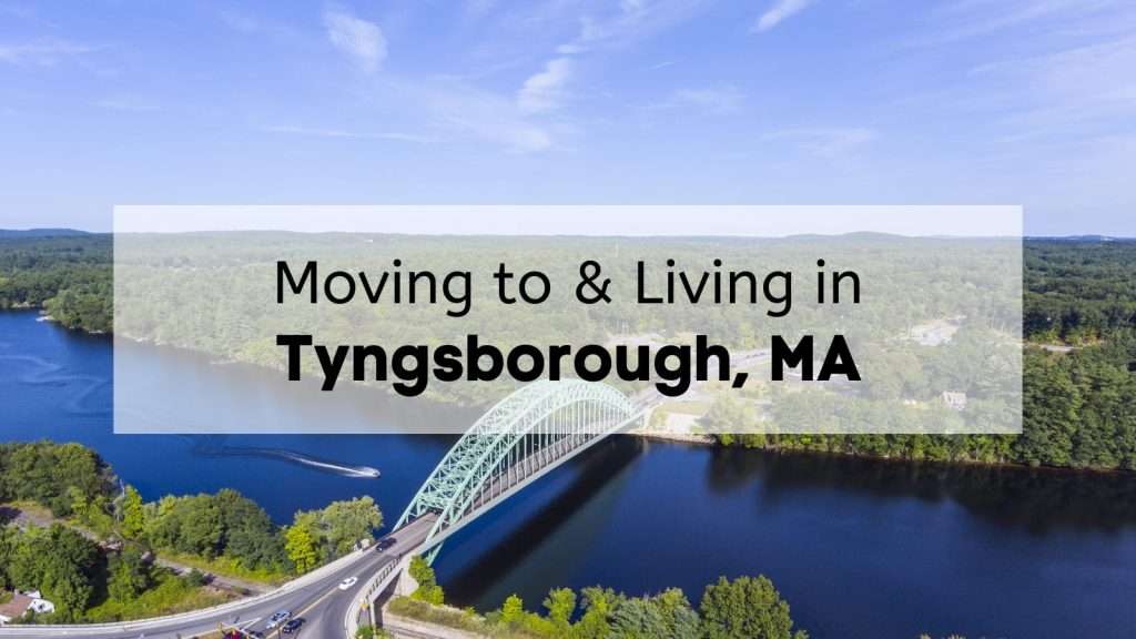 Aerial view of Merrimack River and Tyngsboro Bridge in downtown Tyngsborough, Massachusetts, USA