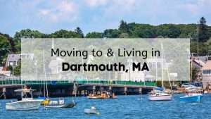 Scenic view of boats and coastal homes near Padanaram Harbor in Dartmouth MA, a popular area for sailing and waterfront living Dartmouth MA. Mass Bay Movers can help you move quickly and efficiently.